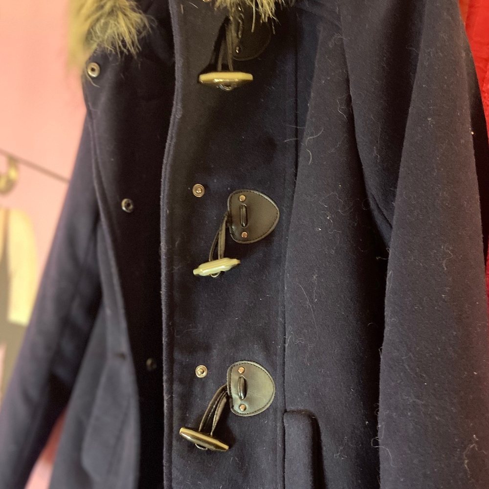 Forever 21 Fur Hood Trench Coat Winter Navy Blue Toggle Clasp Women’s Small - Picture 4 of 6